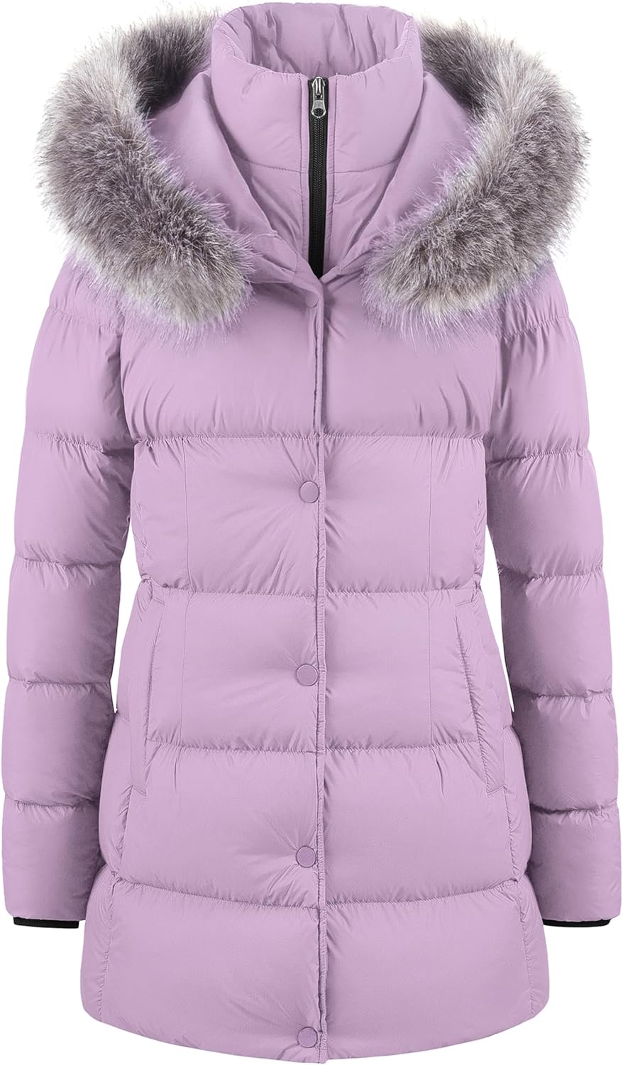 CREATMO US Women's Winter Snow Jacket Long Fur Puffer Coat With Removable Faux Fur Trim