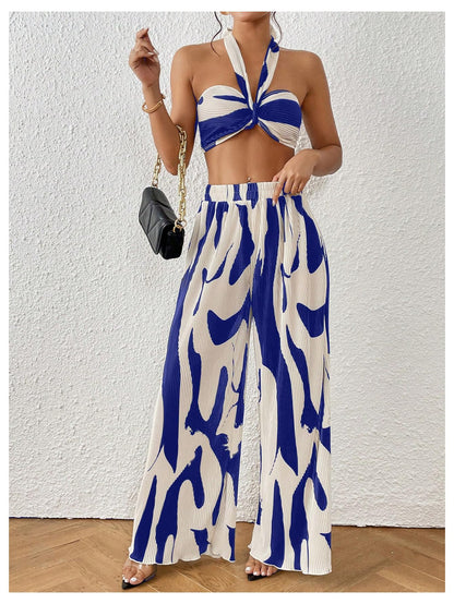 OYOANGLE Women's 2 Piece Outfits Graphic Print Knitted Crop Halter Top and Wide Leg Pants Set