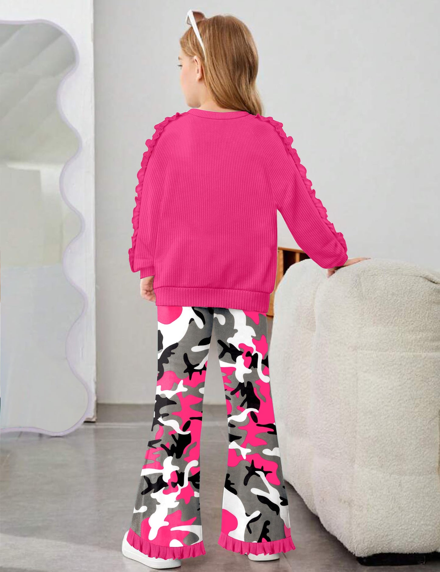 Toddler Girl Clothes Camo Girls Outfits Ruffle Sleeve Tops + Bell Bottom Flared Pants 2 Piece Winter Sweatsuit 2-10T