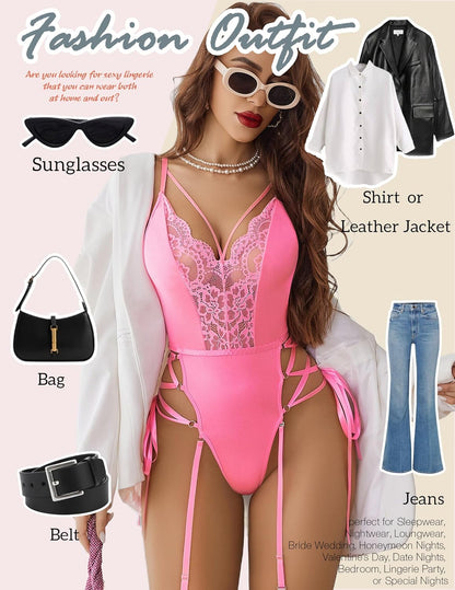 Avidlove Lingerie for Women Lace Lingerie Sets with Garter Belts One Piece Bodysuit Teddy No Stockings S-XXL