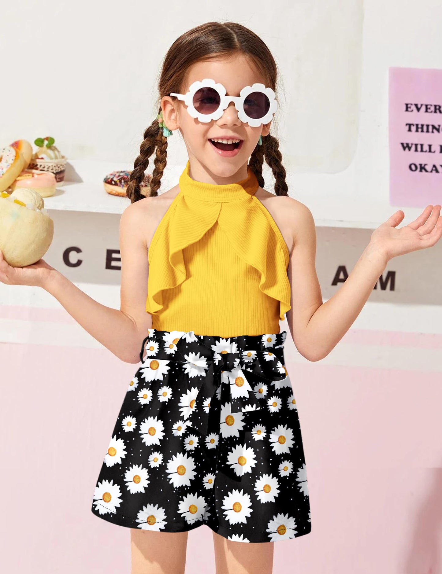 MIGU Girls Clothes Summer Halter Neck Ruffle Sleeveless Top Fashion Cute Floral Belt Shorts Two Piece Outfit Set Size 6-12