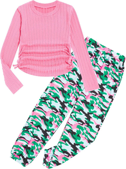 Girls' Clothing Sets Ribbed Knit Crewneck T-Shirt & Camo Print Elastic Waist Pants Girls Clothes Size 6-16Y