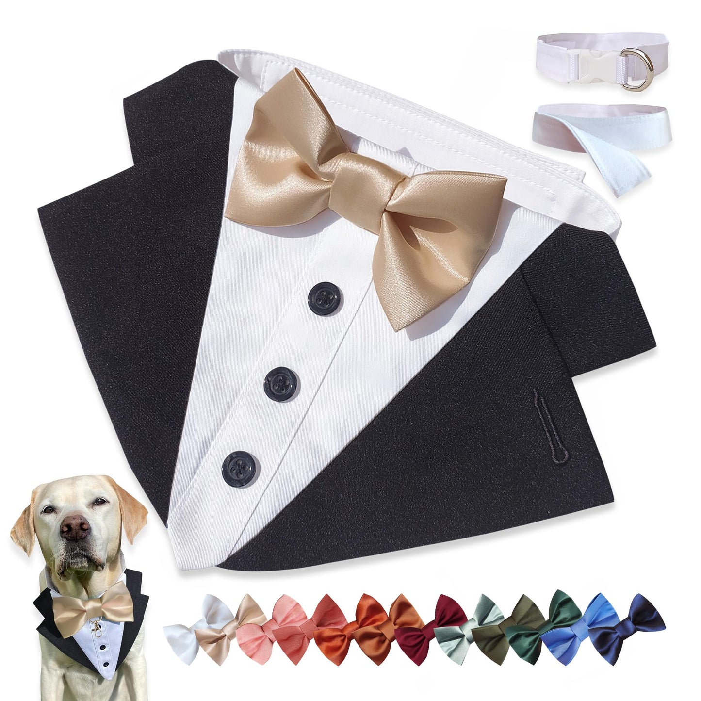 Custom-Fit Dog Tuxedo with Bow Tie & Lapel Uncut Cham Eyelet | Keyhole Fishtail Buttonhole Design | Optional Ring Bearer Clasp | Perfect Outfit for Wedding & Birthday by ACORD EU (Tan)