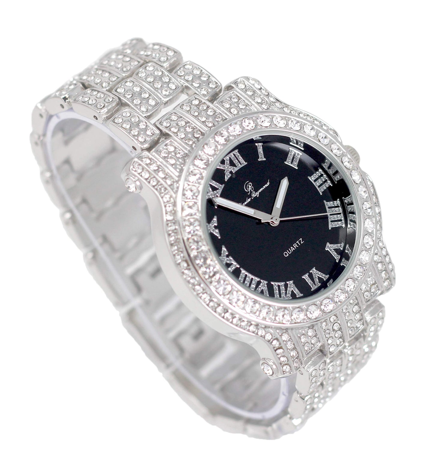 Charles Raymond Bling-ed Out Silver Round Luxury Mens Watch w/Bling-ed Out Bracelet - L0504B