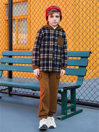 Boys Clothes Fall Winter Outfits, Toddler Boy Sweatsuit Plaid Hoodie Pants Clothing Set For Kids Boys Size 5-12 Years