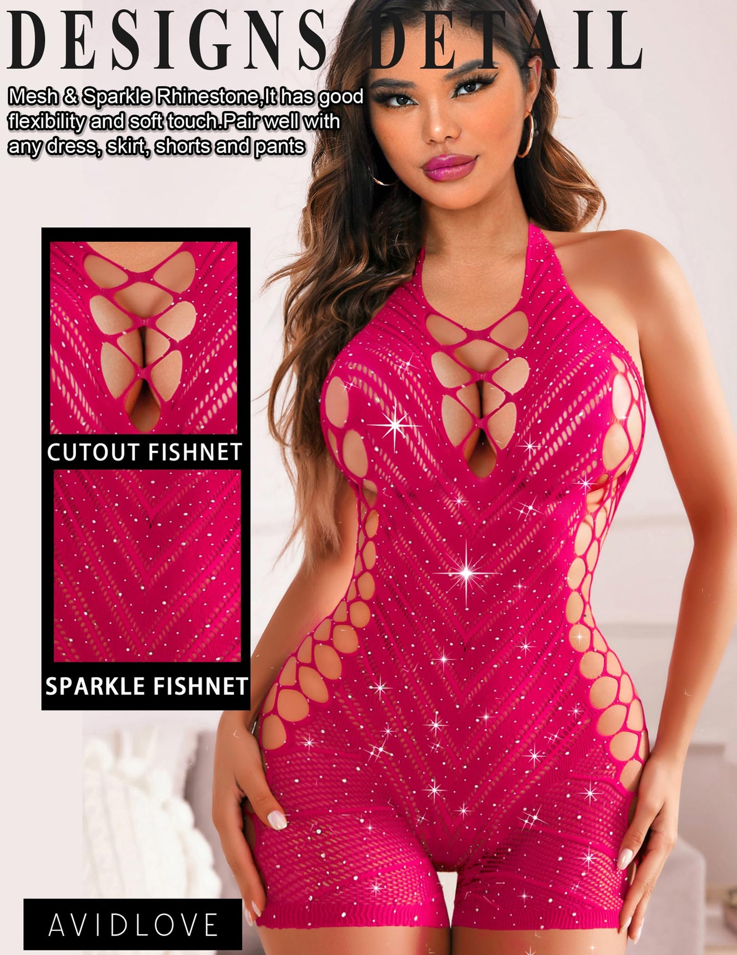 Avidlove Womens Lingeries Fishnet Lingerie for Women Sexy Outfit Fishnet Bodysuit Sparkle Rhinestone Cut Out Romper