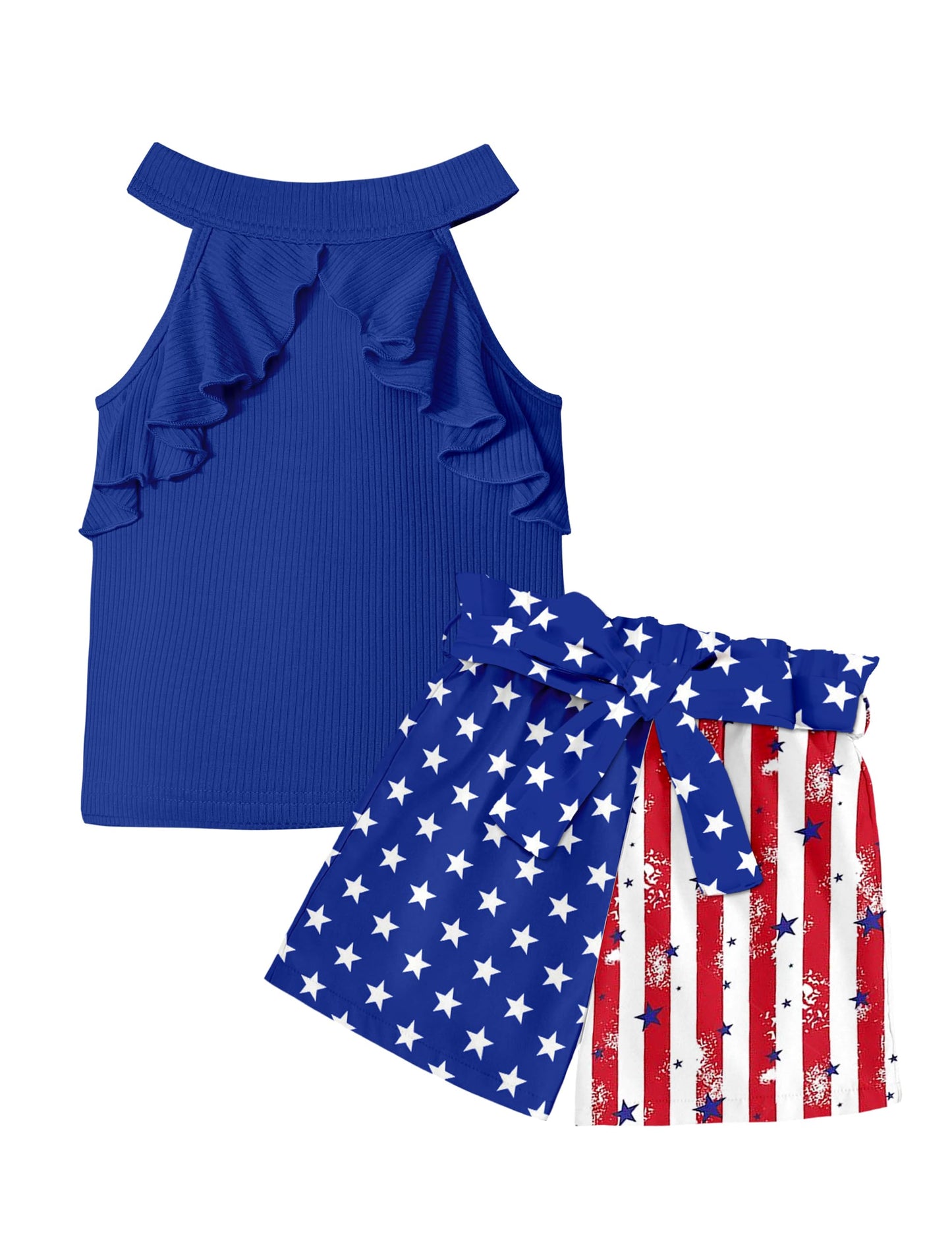 MIGU Girls Clothes Summer Halter Neck Ruffle Sleeveless Top Fashion Cute Floral Belt Shorts Two Piece Outfit Set Size 6-12