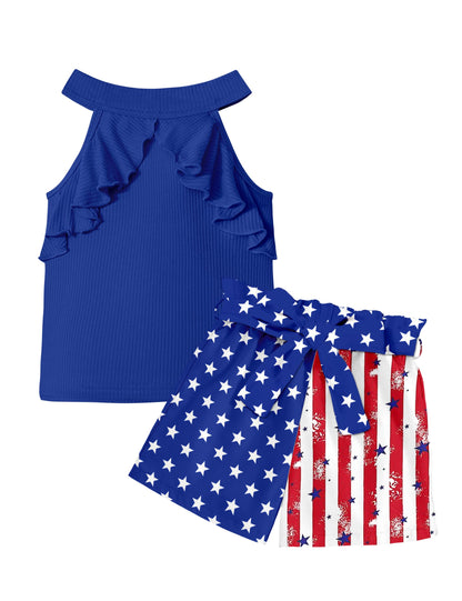 MIGU Girls Clothes Summer Halter Neck Ruffle Sleeveless Top Fashion Cute Floral Belt Shorts Two Piece Outfit Set Size 6-12