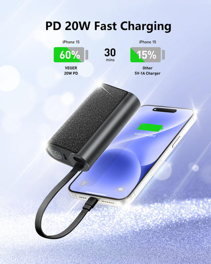 VEGER Compact Portable Charger with Built in Cable(Removable), 10000mAh Cute Power Bank 20W Fast Charging, Sparkling Battery Pack Fashion Travel Accessory Compatible with iPhone 15/14, Android-Purple
