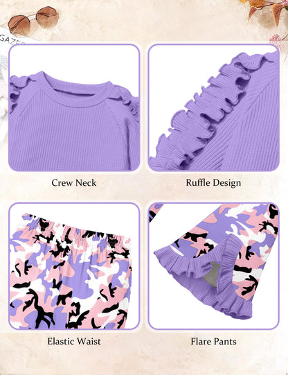 Toddler Girl Clothes Camo Girls Outfits Ruffle Sleeve Tops + Bell Bottom Flared Pants 2 Piece Winter Sweatsuit 2-10T