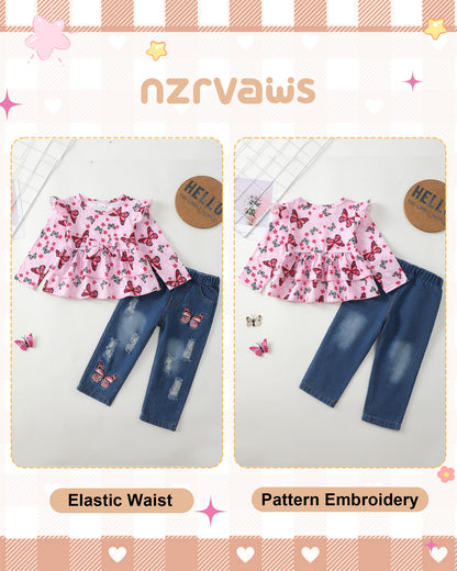 NZRVAWS Baby Girl Clothes Toddler Girl Outfits Infant Ruffle Shirt Denim Ripped Jeans Cute Clothing Set