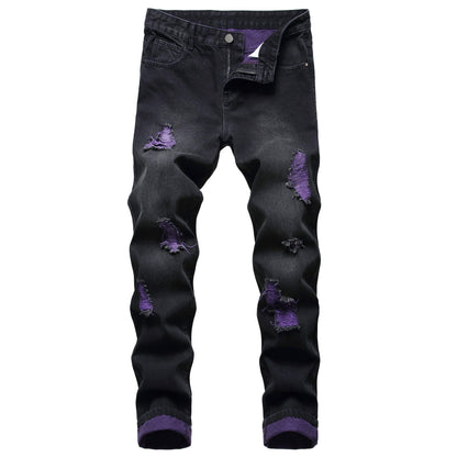Men's Slim-fit Stretch Denim Jeans Featuring a Ripped Stretch Regular Pants