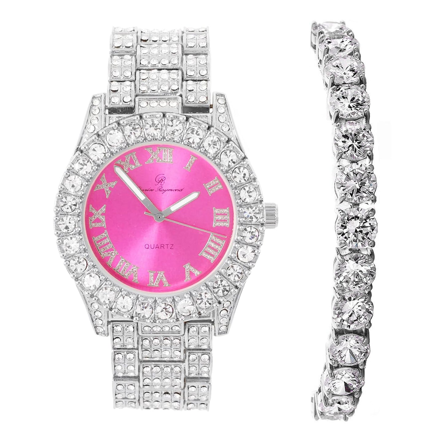 Charles Raymond Women's Big Rocks Bezel Colored Dial with Roman Numerals Fully Iced Out Watch - ST10327LA