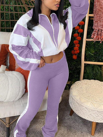 Women 2 Piece Outfit Long Sleeve Zip Up Crop Jacket High Waist Stretchy Pants