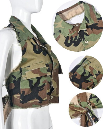 Vaceky Cropped Denim Jacket Women Distressed Camouflage Button Down Shirt Jean Jackets