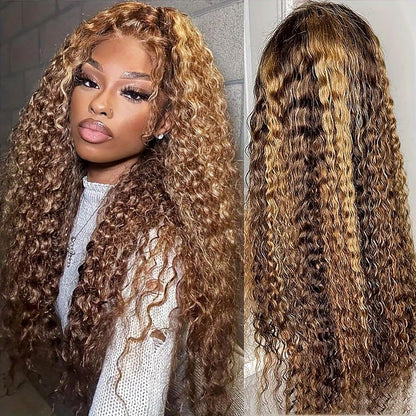 20Inch Deep Wave Lace Front Wigs Human Hair-13x4 HD Transparent Deep Wave Frontal Wigs Human Hair Glueless Curly Wigs for Women 200% Density Curly Lace Front Human Hair Pre Plucked with Baby Hair
