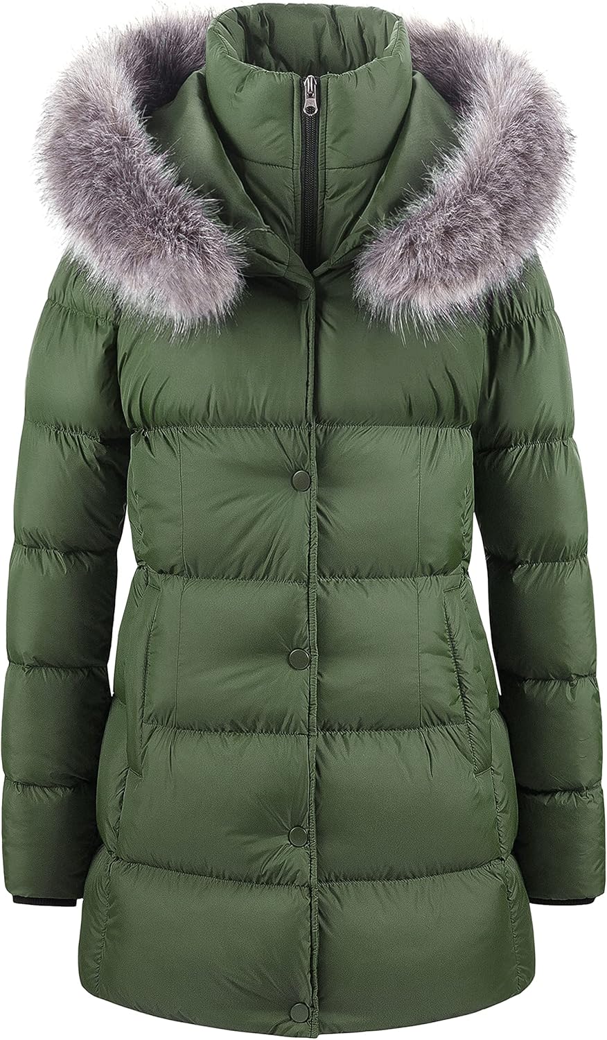 CREATMO US Women's Winter Snow Jacket Long Fur Puffer Coat With Removable Faux Fur Trim