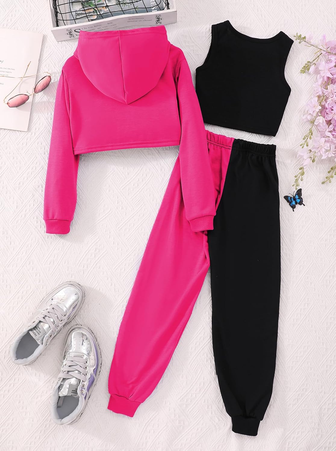 Hilinker Girls Graphic 3 Piece Outfits Workout Crop Hoodie Ribbed Tank and Sweatpants Set