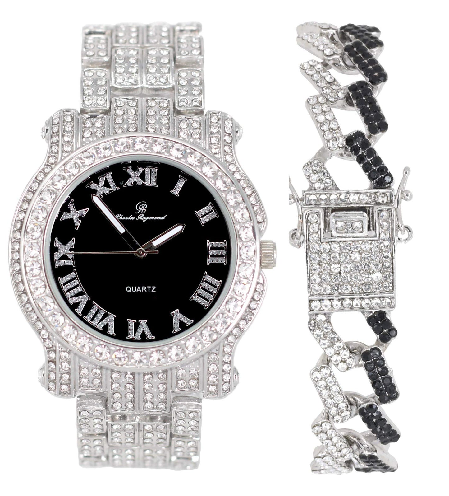 Charles Raymond Bling-ed Out Silver Round Luxury Mens Watch w/Bling-ed Out Bracelet - L0504B