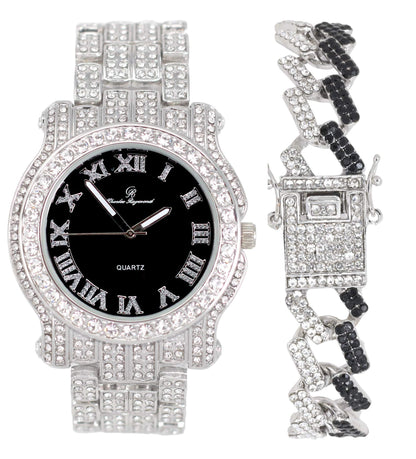 Charles Raymond Bling-ed Out Silver Round Luxury Mens Watch w/Bling-ed Out Bracelet - L0504B