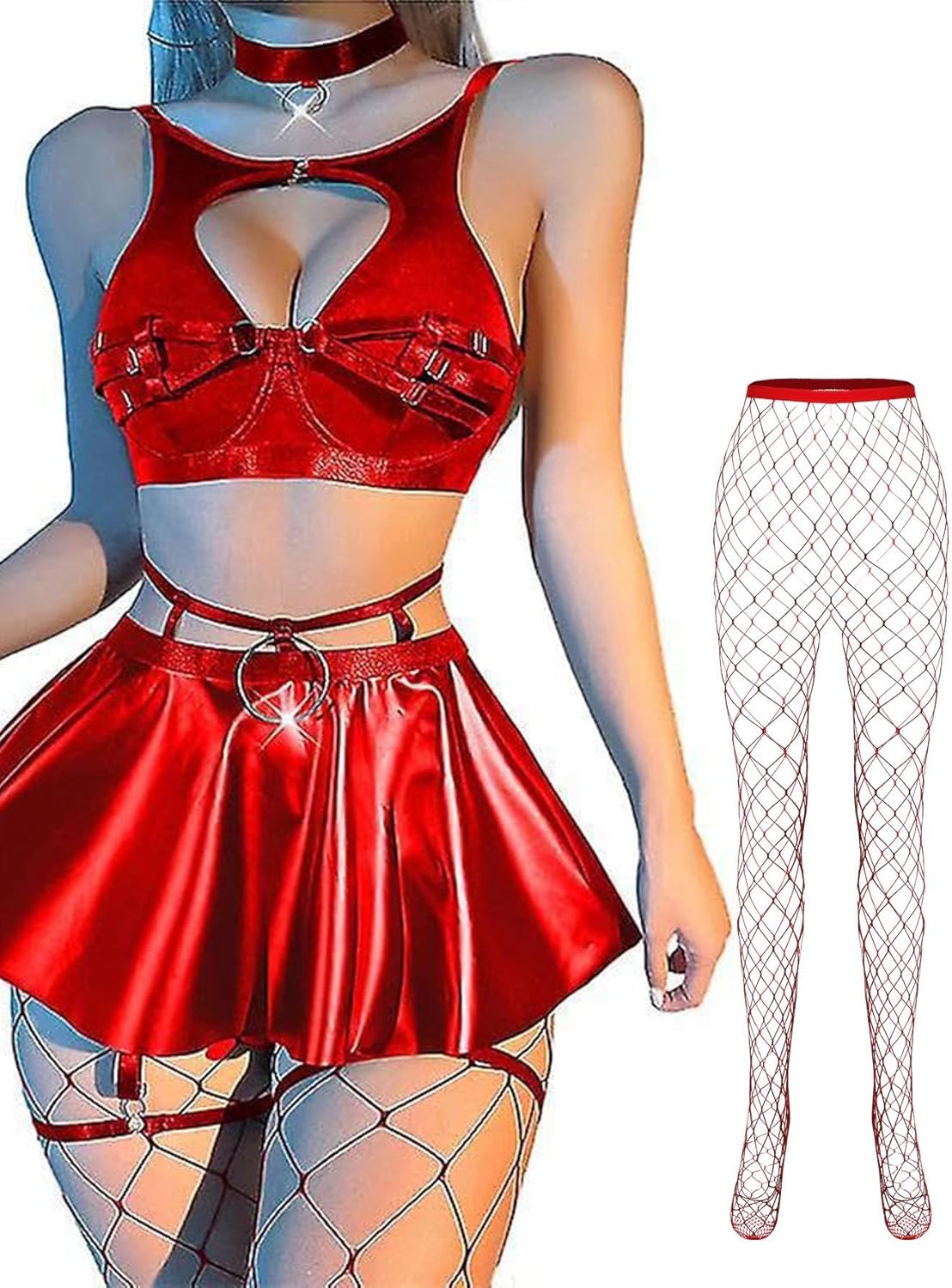 Lilosy Sexy Stocking Chocker Strappy Underwire O Ring Push Up Garter Belt Women Skirt 5 Piece