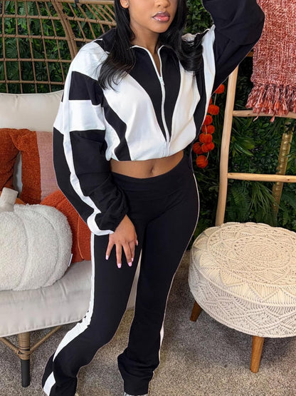 Women 2 Piece Outfit Long Sleeve Zip Up Crop Jacket High Waist Stretchy Pants