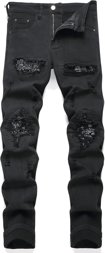 OIIIO Men's Patch Ripped Stretch Regular Fit Jean