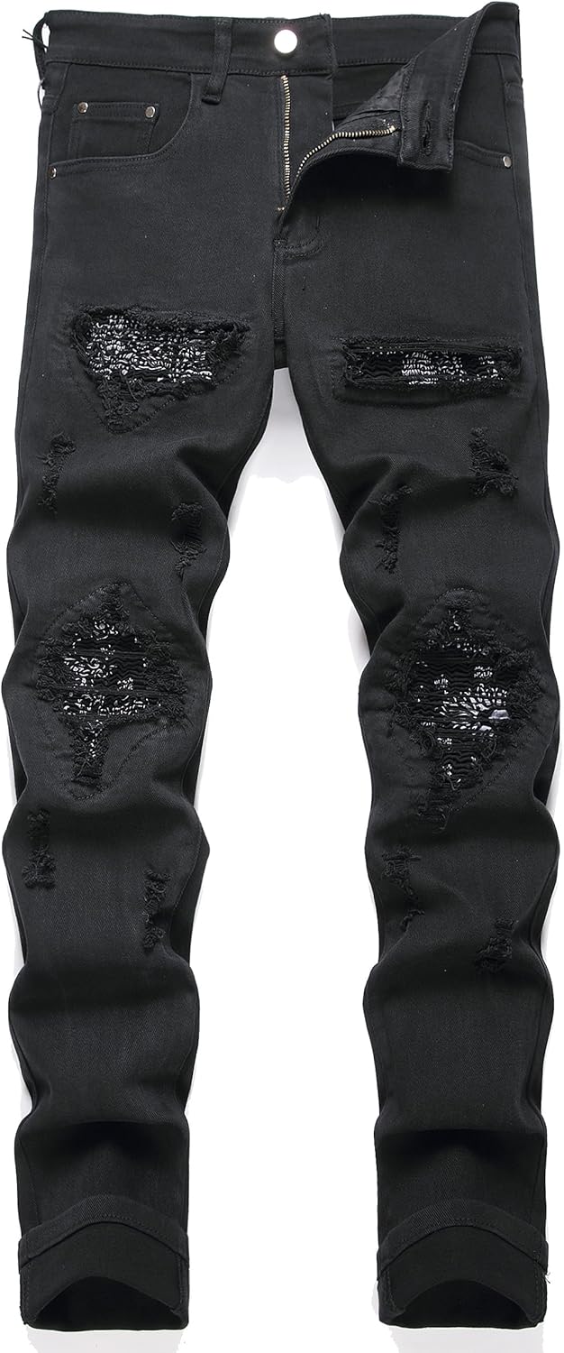 OIIIO Men's Patch Ripped Stretch Regular Fit Jean