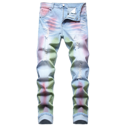 Men's Slim-fit Stretch Denim Jeans Featuring a Ripped Stretch Regular Pants