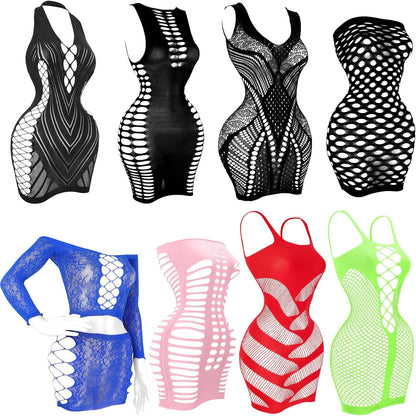 selizo Fishnet Lingerie Dress for Women, Black Fish Net Bodysuit Sexy Chemise Teddy Naughty Women's Mesh Lace Body Stockings