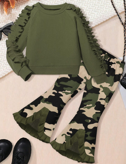 Toddler Girl Clothes Camo Girls Outfits Ruffle Sleeve Tops + Bell Bottom Flared Pants 2 Piece Winter Sweatsuit 2-10T