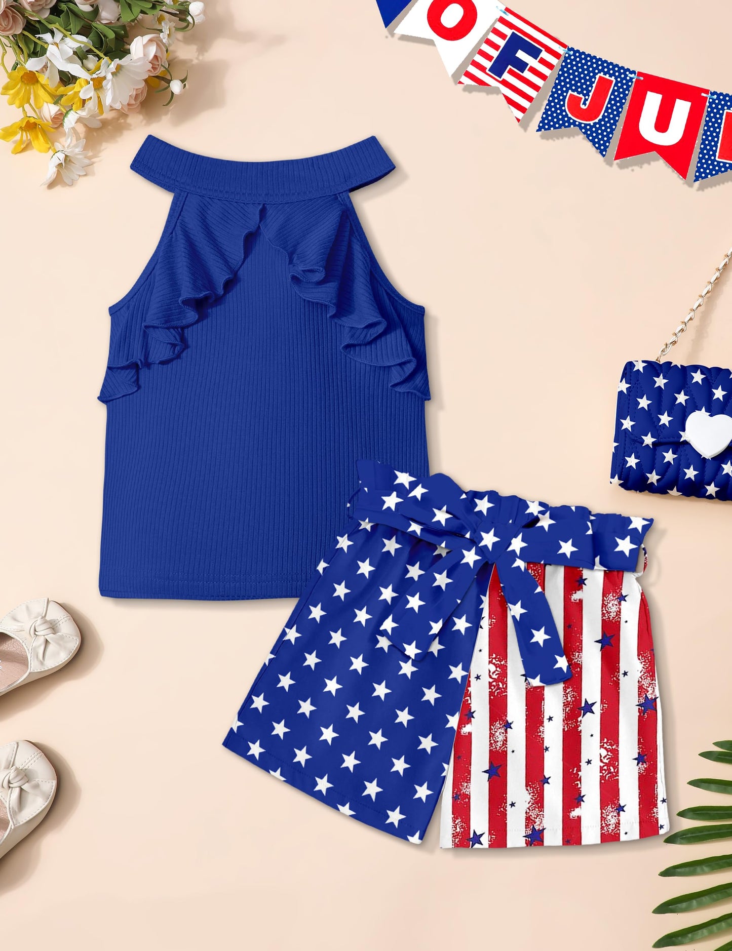 MIGU Girls Clothes Summer Halter Neck Ruffle Sleeveless Top Fashion Cute Floral Belt Shorts Two Piece Outfit Set Size 6-12