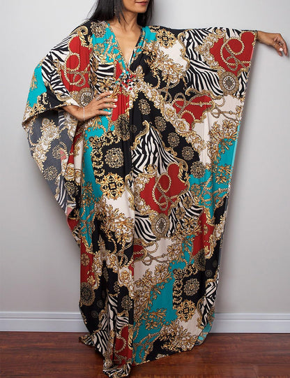 Bsubseach Women Ethnic Print Kaftan Beach Dress Plus Size Swimsuit Cover Up