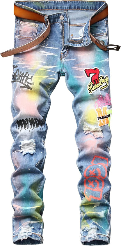 Baylvn Men's Designer Straight Slim Fit Patchwork Jeans Comfort Skinny Biker Denim Pants