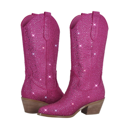Richealnana Sparkly Rhinestones Cowboy Cowgirl Style Boots Calf High Boots for Women 2INCH Heeled Shining Pull On Tabs