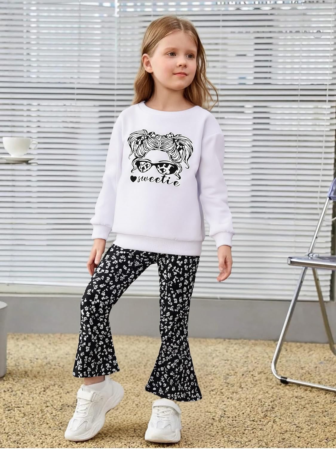 Toddler Girl Clothes Long Sleeve Cartoon & Letter Graphic Top + Fruit Stationery Print Flared Leg Pants