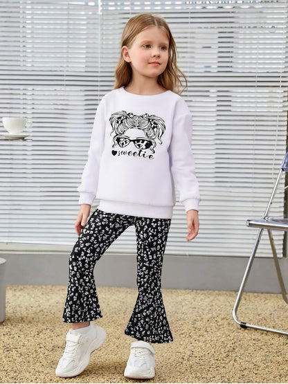 Toddler Girl Clothes Long Sleeve Cartoon & Letter Graphic Top + Fruit Stationery Print Flared Leg Pants