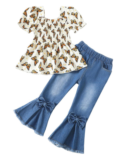 Kucnuzki Toddler Kids Girls Clothes Short Sleeve Shirt Top Flare Denim Jeans 2 Piece Outfits For Girls Cute Clothing Set