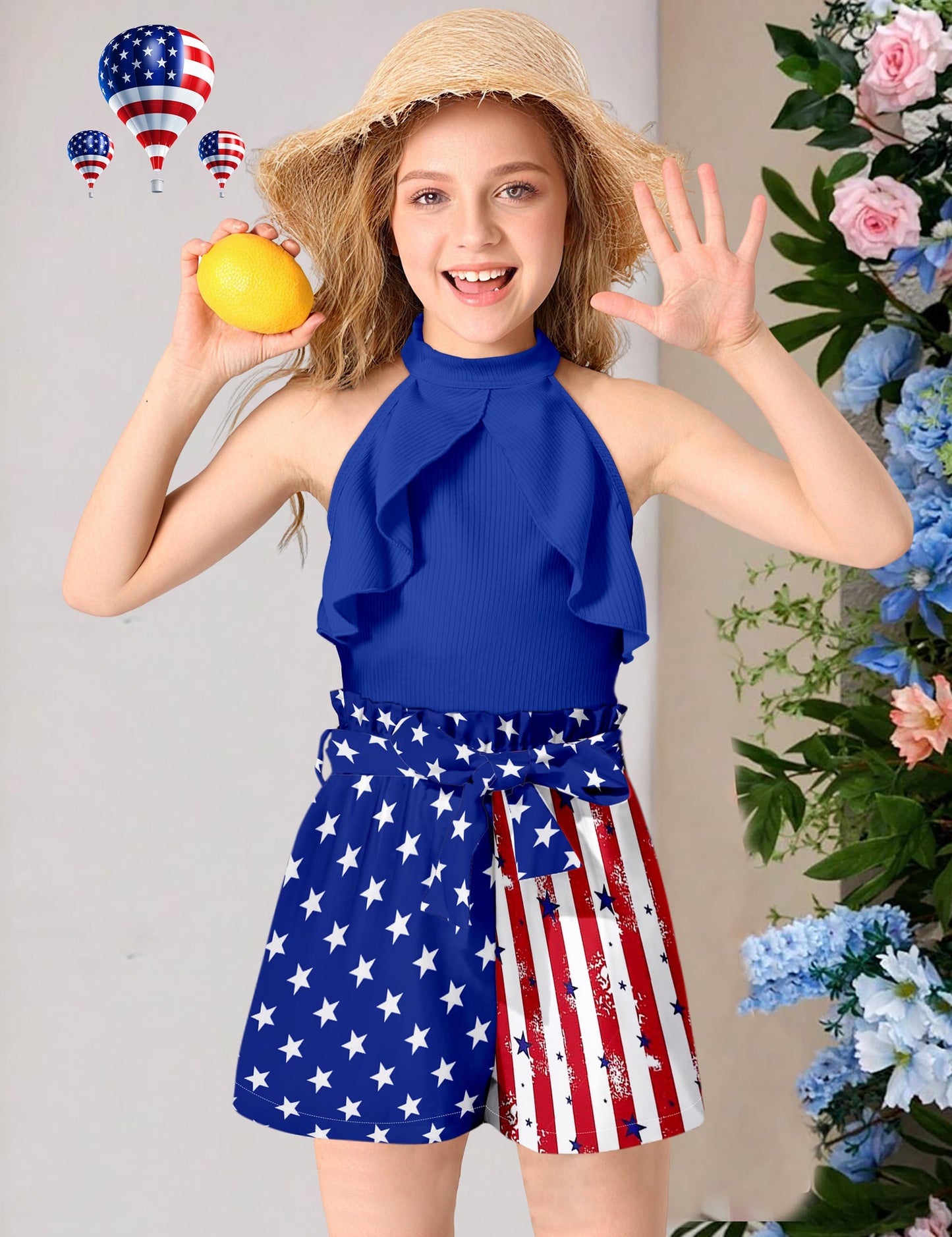 MIGU Girls Clothes Summer Halter Neck Ruffle Sleeveless Top Fashion Cute Floral Belt Shorts Two Piece Outfit Set Size 6-12