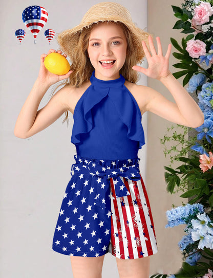 MIGU Girls Clothes Summer Halter Neck Ruffle Sleeveless Top Fashion Cute Floral Belt Shorts Two Piece Outfit Set Size 6-12