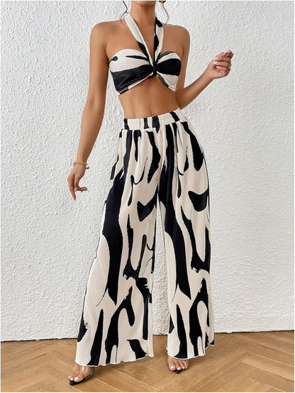 OYOANGLE Women's 2 Piece Outfits Graphic Print Knitted Crop Halter Top and Wide Leg Pants Set