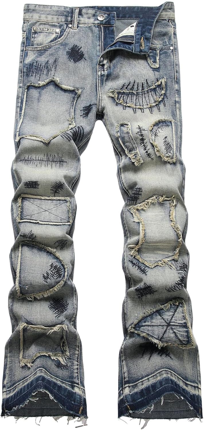 Baylvn Men's Designer Straight Slim Fit Patchwork Jeans Comfort Skinny Biker Denim Pants