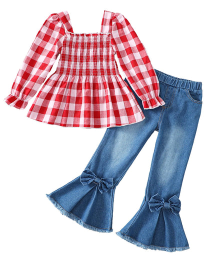 Kucnuzki Toddler Kids Girls Clothes Short Sleeve Shirt Top Flare Denim Jeans 2 Piece Outfits For Girls Cute Clothing Set