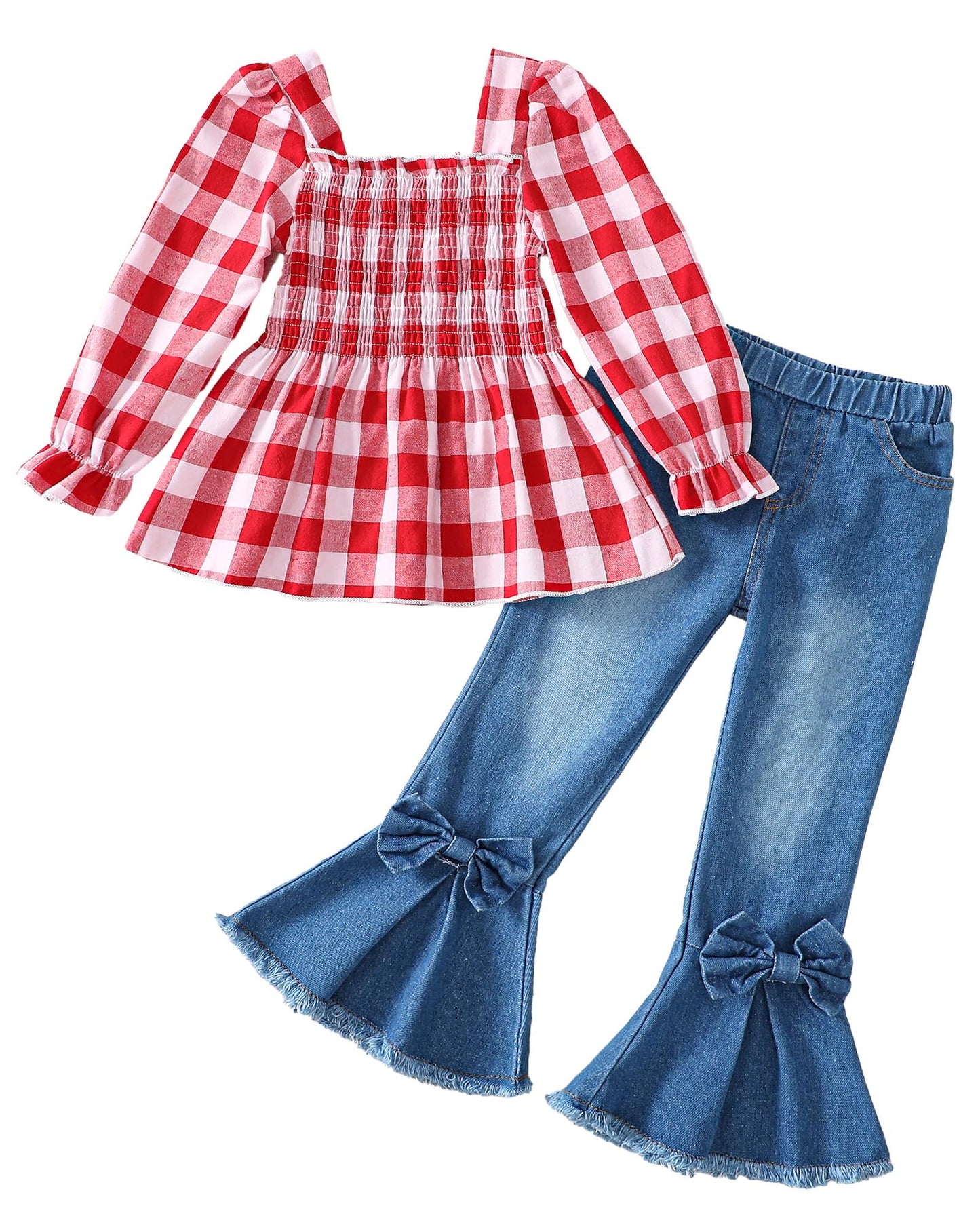 Kucnuzki Toddler Kids Girls Clothes Short Sleeve Shirt Top Flare Denim Jeans 2 Piece Outfits For Girls Cute Clothing Set