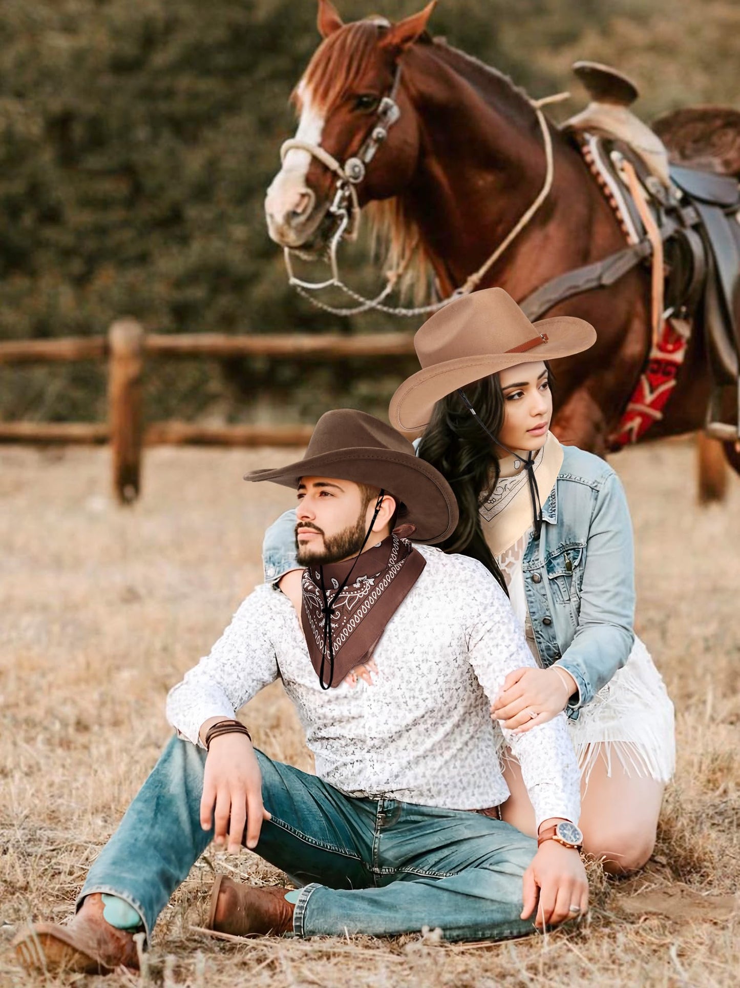 Ibeauti Cowboy Hat with Fringed Bandana Set for Women Wide Brim Western Cowgirl Hat Paisley Head Wrap Scarf