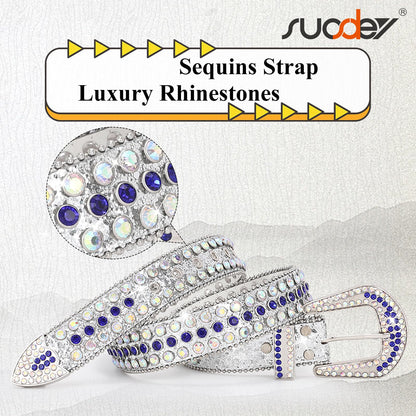 SUOSDEY Rhinestone Belt Unisex Sequin Strap Bling Crystal Western Studs Glitter Luxury Belt for Jeans Pants Dress