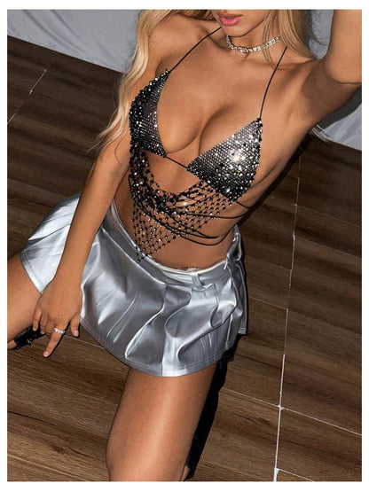 SweatyRocks Women's Glitter Rhinestone Criss Cross Halter Tops Backless Sleeveless Asymmetrical Party Crop Tops