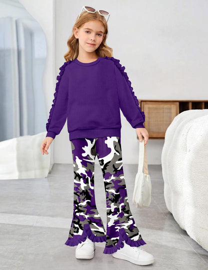 Toddler Girl Clothes Camo Girls Outfits Ruffle Sleeve Tops + Bell Bottom Flared Pants 2 Piece Winter Sweatsuit 2-10T