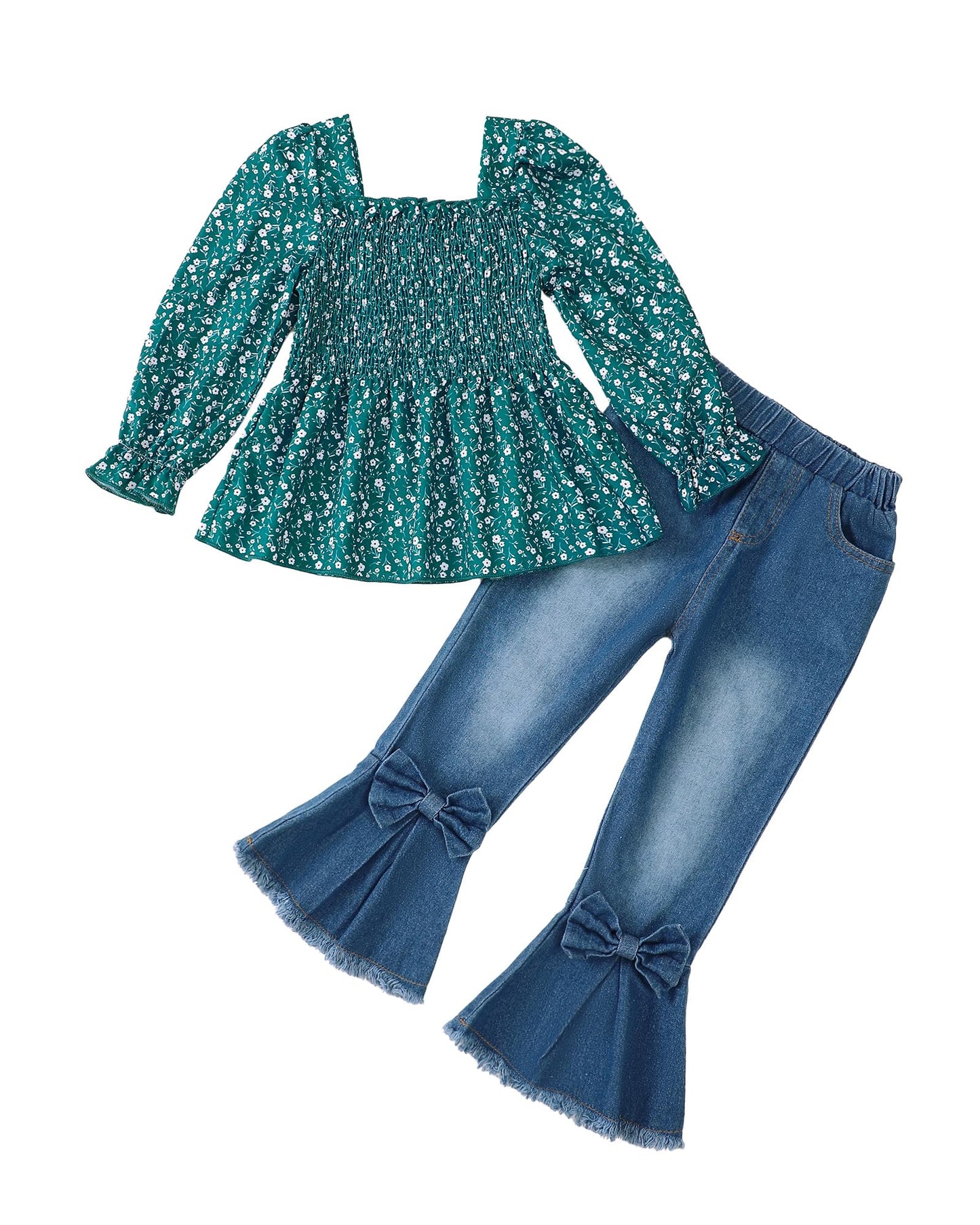 Kucnuzki Toddler Kids Girls Clothes Short Sleeve Shirt Top Flare Denim Jeans 2 Piece Outfits For Girls Cute Clothing Set