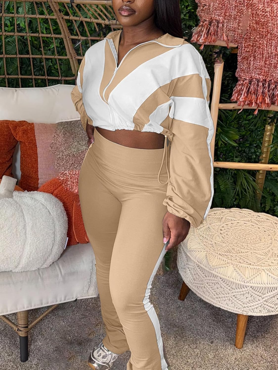 Women 2 Piece Outfit Long Sleeve Zip Up Crop Jacket High Waist Stretchy Pants